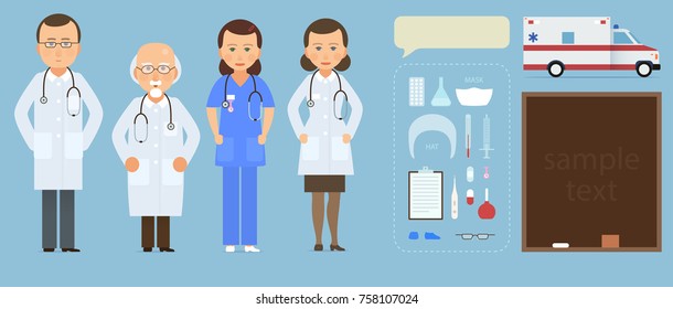 Medicine set with doctors and nurses in flat style isolated on blue background. Practitioner young doctors man and woman standing. Medical staff, ambulance