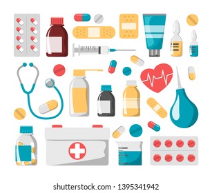 Medicine set. Drug bottle, pill, first aid kit and plaster. Pharmacy and healthcare. Disease treatment with tablet. Syringe for injection.