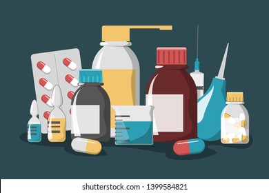 Medicine set. Drug bottle, pill, first aid kit and plaster. Pharmacy and healthcare. Disease treatment with tablet. Syringe for injection.