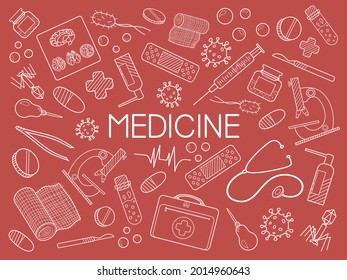 Medicine set with elements: patch, gauze, syringe, microscope, tablets, capsules, tweezers, first aid kit, virus, bacterium, scalpel, cross. Vector illustration. Isolated on red background.