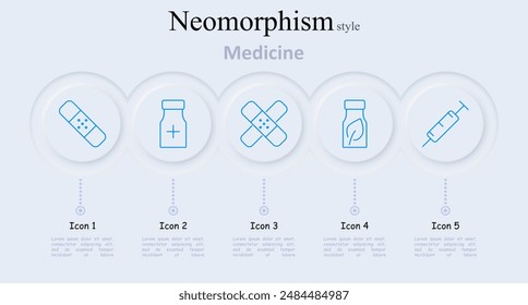 Medicine set icon. Bandage, medical bottle, crossed bandages, leaf bottle, syringe, healthcare items, medical treatment, first aid, organic medicine, injection