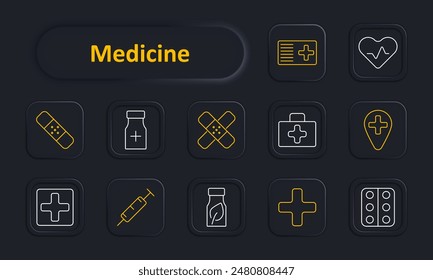 Medicine set icon. Bandage, pill bottle, crossed bandages, medical kit, health location, syringe, leaf medicine, cross, tablets. Healthcare medical supplies, treatment, pharmacy, first aid, medication