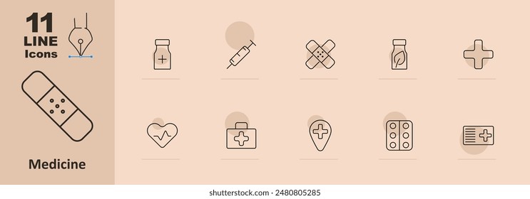 Medicine set icon. Band-aid, syringe, bottle, pills, heartbeat, medical kit, cross, location pin. Healthcare and treatment concept. Vector line icon on beige background.
