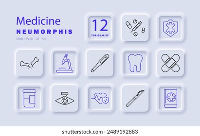 Medicine set icon. Broken bone, microscope, thermometer, tooth, pills, syringe, eye test, heartbeat, scalpel, prescription, medical research, healthcare, diagnosis, treatment