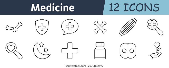 Medicine set icon. Broken bone, health shield, medical chat, crossed bones, bandage, heart search, night care, cross, pill bottle, tablet, heart care, plant healing