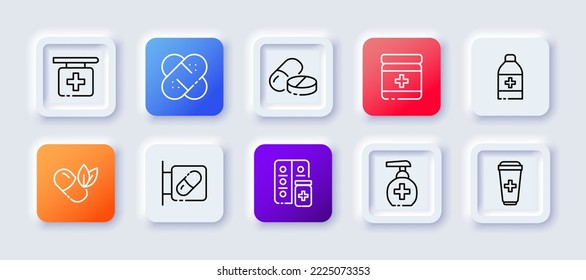 Medicine set icon. Capsule, tablet, syrup, plate, pill reminder, test tube, disease, antiseptic, pharmacy. Health care concept. Neomorphism style. Vector line icon for Business and Advertising