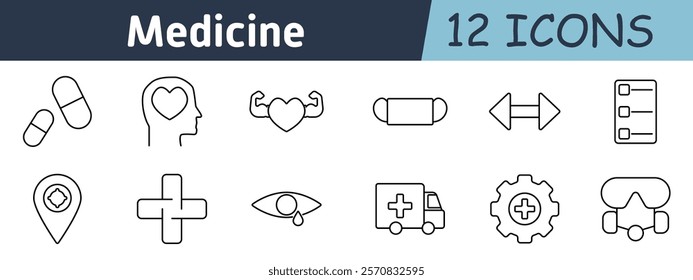 Medicine set icon. Capsules, mental health, heart health, bandage, direction, checklist, location, cross, tear, ambulance, medical gear, and VR goggles