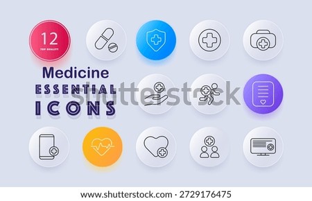 Medicine set icon. Capsules, shield, medical cross, first aid box, caring hand, running patient, document, phone, heartbeat, heart, group icon, health report