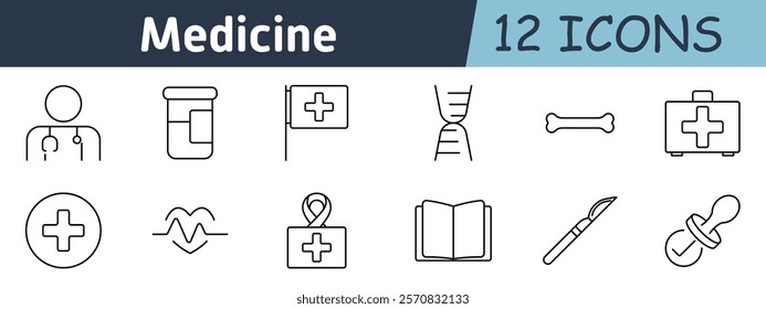 Medicine set icon. Doctor, pill bottle, health flag, DNA helix, bone, first aid kit, cross, heartbeat, ribbon, medical guide, scalpel, pacifier