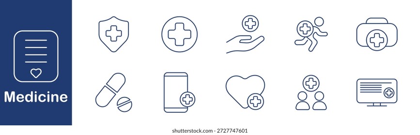 Medicine set icon. Document, shield, cross, hand, runner, kit, pill, phone, heart, group, monitor. Healthcare, protection, medical, support, treatment, digital, emergency, online, health, system.