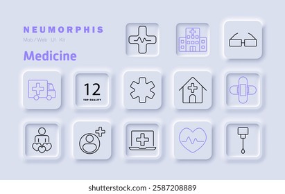 Medicine set icon. Emergency vehicle, hospital, cross symbol, first aid, patient care, heart monitoring, digital healthcare, medication, syringe, medical tools