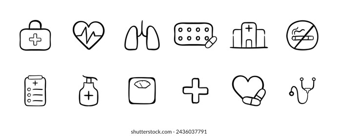 Medicine set icon. First aid kit, pulse, lungs, pills, hospital, smoking ban, healthy oils, creams, plus sign, scales, cardio, heartbeat, heart. Concept of medicine, treatment. Vector line icon.