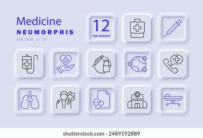 Medicine set icon. First aid kit, syringe, lungs, doctor, medication, hospital, stethoscope, phone consultation, IV drip, heart care, vaccine, pharmacy, medical