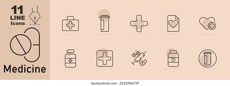 Medicine set icon. First aid kit, pill bottle, cross, heart document, heart with medical cross, pills and syringe, capsule bottle with heart, medicine container.