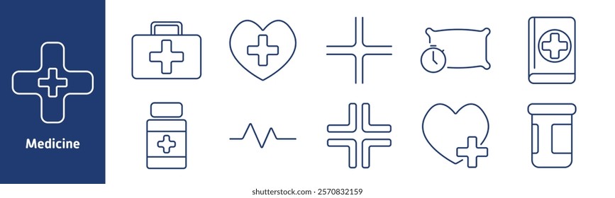 Medicine set icon. First aid kit, heart with cross, pills, heartbeat, timer, book, cross symbol, medication bottle, healthcare, safety