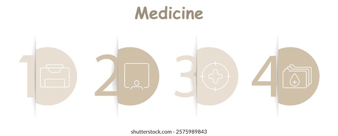 Medicine set icon. Folder, patient profile, crosshair with plus, folders with medical records, healthcare documents, focus, storage, analysis