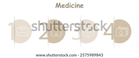 Medicine set icon. Folder, patient profile, crosshair with plus, folders with medical records, healthcare documents, focus, storage, analysis