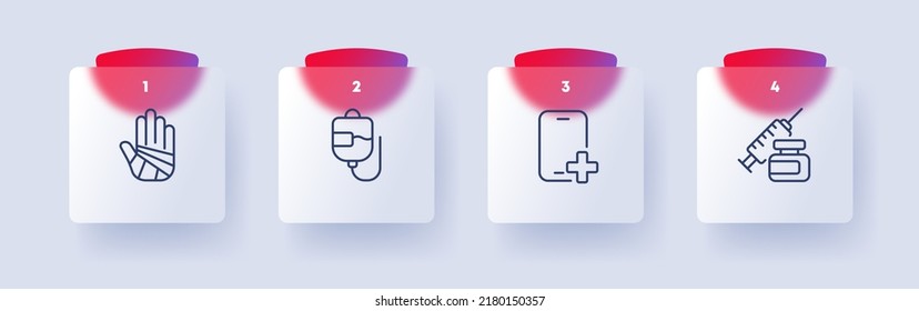 Medicine set icon. Fracture, bandage, dropper, injection, ambulance call, pharmacy, first aid kit, doctor. Health care concept. Glassmorphism style. Vector line icon for Business and Advertising