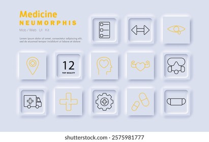 Medicine set icon. Healthcare location, hospital services, medical fitness, emergency response, eye care, ambulance, pills, respiratory mask, heart monitoring