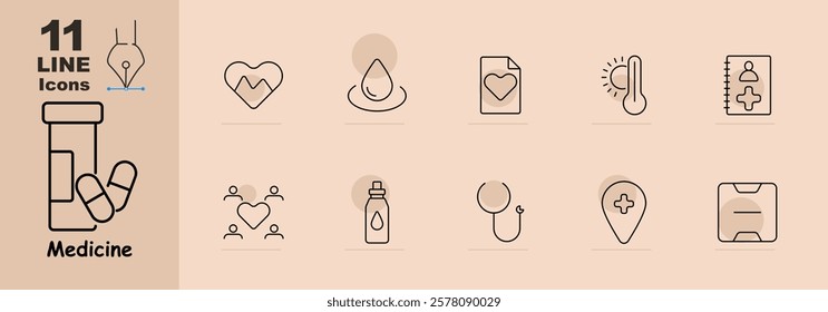 Medicine set icon. Heart, droplet, medical report, thermometer, patient file, family health, bottle, IV bag, health location, and scale. Represents patient monitoring, records, and health management