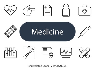 Medicine set icon. Heart, glucose, prescription, bottle, first aid, pills, test tubes, x-ray, certificate, monitor, injection, healthcare, medical, treatment, diagnosis.