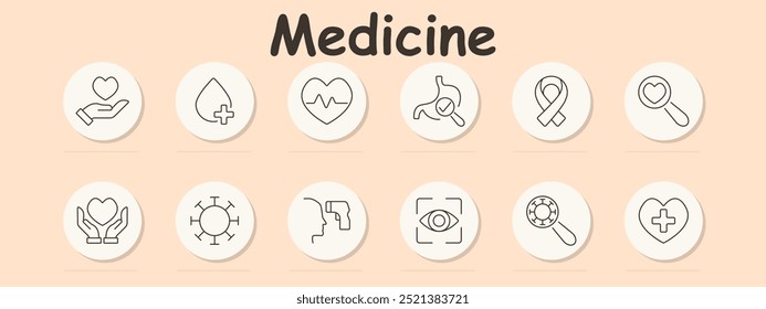 Ícone do conjunto de medicamentos. Coração na mão, gota de sangue, saúde do coração, exame de estômago, fita do câncer, pesquisa do coração, sistema imunológico, verificação de temperatura, exame de olho, pesquisa de vírus, apoio médico.