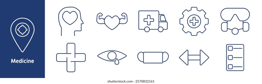 Medicine set icon. Heart in head, strong heart, ambulance, medical gear, goggles, cross symbol, eye tear, capsule, medical chart, emergency care, healthcare services