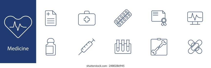 Medicine set icon. Heartbeat, prescription, first aid, pills, certificate, monitor, bottle, syringe, test tubes, bones, bandage. Healthcare, medical treatment, clinical care concept.