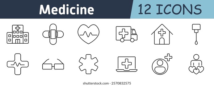 Medicine set icon. Hospital, adhesive bandage, heart monitor, ambulance, medical center, IV drip, medical cross, health glasses, emergency star, laptop, patient care, mental health support