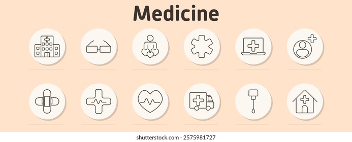 Medicine set icon. Hospital building, glasses, person with hearts, medical cross, laptop with cross, user with cross, bandage, heart rate, ambulance, IV drip, clinic building