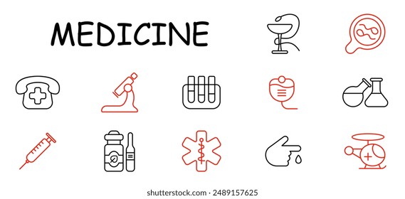 Medicine set icon. Hospital, microscope, test tubes, stethoscope, beakers, syringe, medication, ampoule, ambulance, diagnosis, healthcare.