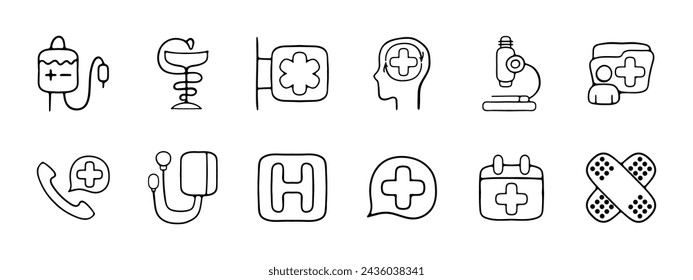 Medicine set icon. IV, pharmacy, healthy thinking, microscope, telephone consultations, heart monitoring, healthcare, schedule, patch. The concept of proper treatment. Vector line icon 