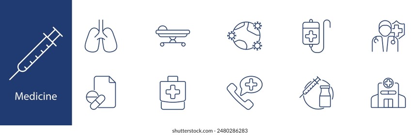 Medicine set icon. Lungs, stretcher, virus, IV drip, doctor, hospital, healthcare, medication. Medical treatment, diagnostics, patient care concept.