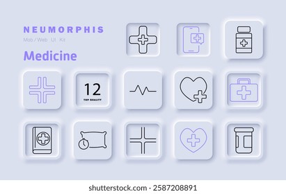 Medicine set icon. Medical cross, digital healthcare, first aid kit, monitoring, pills, prescription, sleep analysis, patient support, diagnostics, emergency response