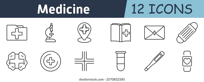 Medicine set icon. Medical folder, microscope, hospital location, medical book, health mail, bandage, brain health, first aid, cross, vial, thermometer, health tracker