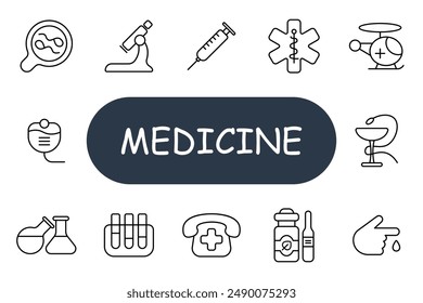 Medicine set icon. Medical and healthcare illustrations including syringe, microscope, pills, hospital, doctor, treatment, healthcare, science, research, pharmacy, medical equipment, clinical.