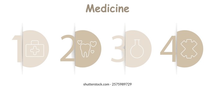 Medicine set icon. Medical kit, dental care, laboratory flask, emergency symbol. Healthcare services, dental hygiene, laboratory tests, first aid.