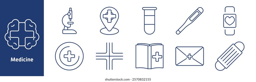 Medicine set icon. Microscope, location pin, test tube, thermometer, smartwatch with heart, cross symbol, medical book, letter with cross, face mask, analysis