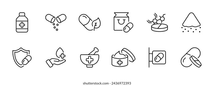 Medicine set icon. Mixture, pill, ecological medicine, storage, health protection, cream, pharmacy. tablets, healthcare. Pharmacy, healthcare concept. Vector line icon on white background.