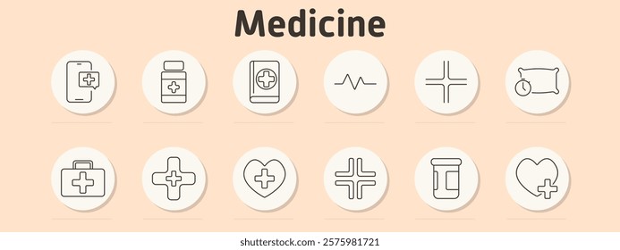 Medicine set icon. Mobile with cross, medicine bottle, medical book, heartbeat, medical cross, pillow with clock, first-aid kit, cross symbol, heart with cross, prescription bottle.