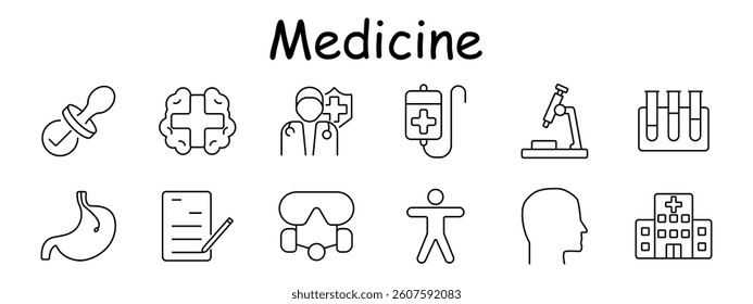 Medicine set icon. Pacifier, brain, doctor, IV drip, microscope, test tubes, stomach, form, mask, human body, head, hospital. Healthcare research, treatment, protection, anatomy