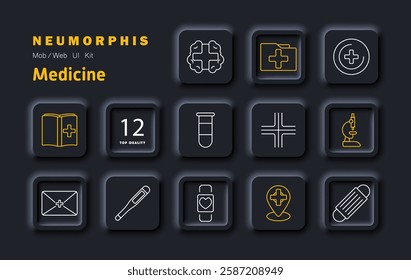 Medicine set icon. Pharmacy, healthcare, pills, prescriptions, diagnosis, heart monitoring, wellness, digital health, microscope, first aid, injection