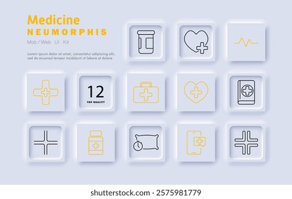 Medicine set icon. Pharmacy, heart health, hospital cross, medical records, prescription, treatment schedule, patient care, wellness management, emergency services