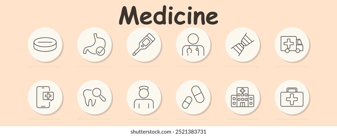 Ícone do conjunto de medicamentos. Comprimido, estômago, termômetro, médico, DNA, ambulância, consulta móvel, dente, enfermeiro, cápsula, hospital, primeiros socorros.