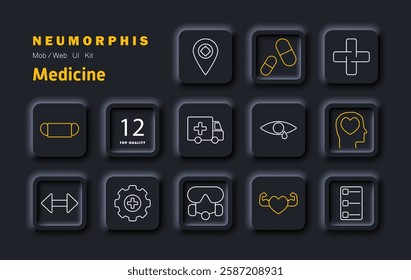 Medicine set icon. Pills, ambulance, eye health, mental care, fitness, diagnosis, patient care, medical record, first aid, rehabilitation, prescriptions