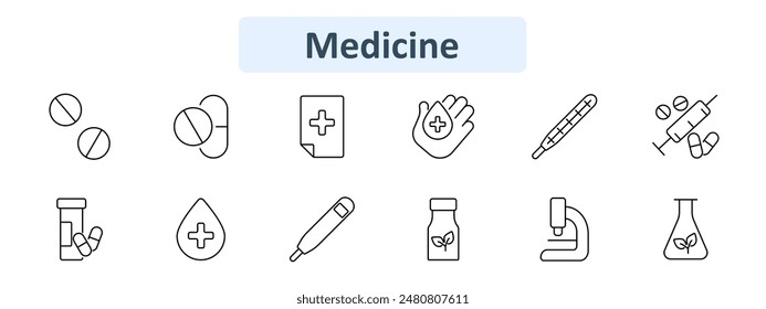 Medicine set icon. Pills, capsules, medical file, hand with drop, thermometer, syringe, pill bottle, droplet, herbal medicine, microscope, flask. Healthcare and treatment concept.