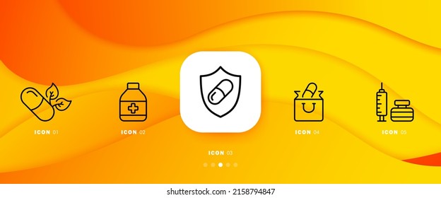 Medicine set icon. Pills, injection, syrup, illness, medicine, treatment, pharmacy, doctor, hospital. Health care concept. Infographic timeline with icons and 5 steps Vector line icon for Business