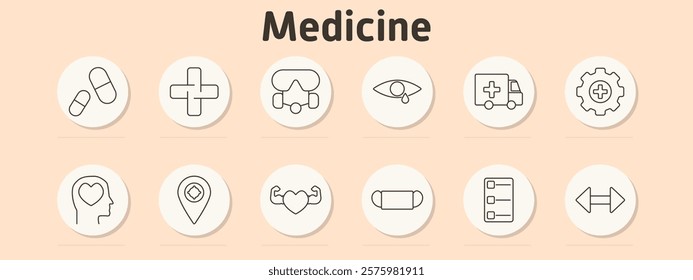 Medicine set icon. Pills, medical cross, safety goggles, teardrop in eye, ambulance, medical gear, mental health, location marker, heart and strength, capsule, medical chart, bidirectional arrows