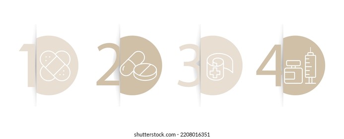 Medicine set icon. Plaster, first aid kit, pharmacy, pill, anesthesia, treatment, injection, vaccine, toilet paper, bandage. Helthcare concept. Infographic timeline. Vector line icon