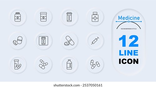 Ícone do conjunto de medicamentos. Recipiente de prescrição, frasco de rótulo cruzado, frasco de medicamento, comprimidos, comprimidos, seringa, cápsulas, frasco de medicamento, cápsulas na mão, medicamento líquido. Material médico, produtos farmacêuticos